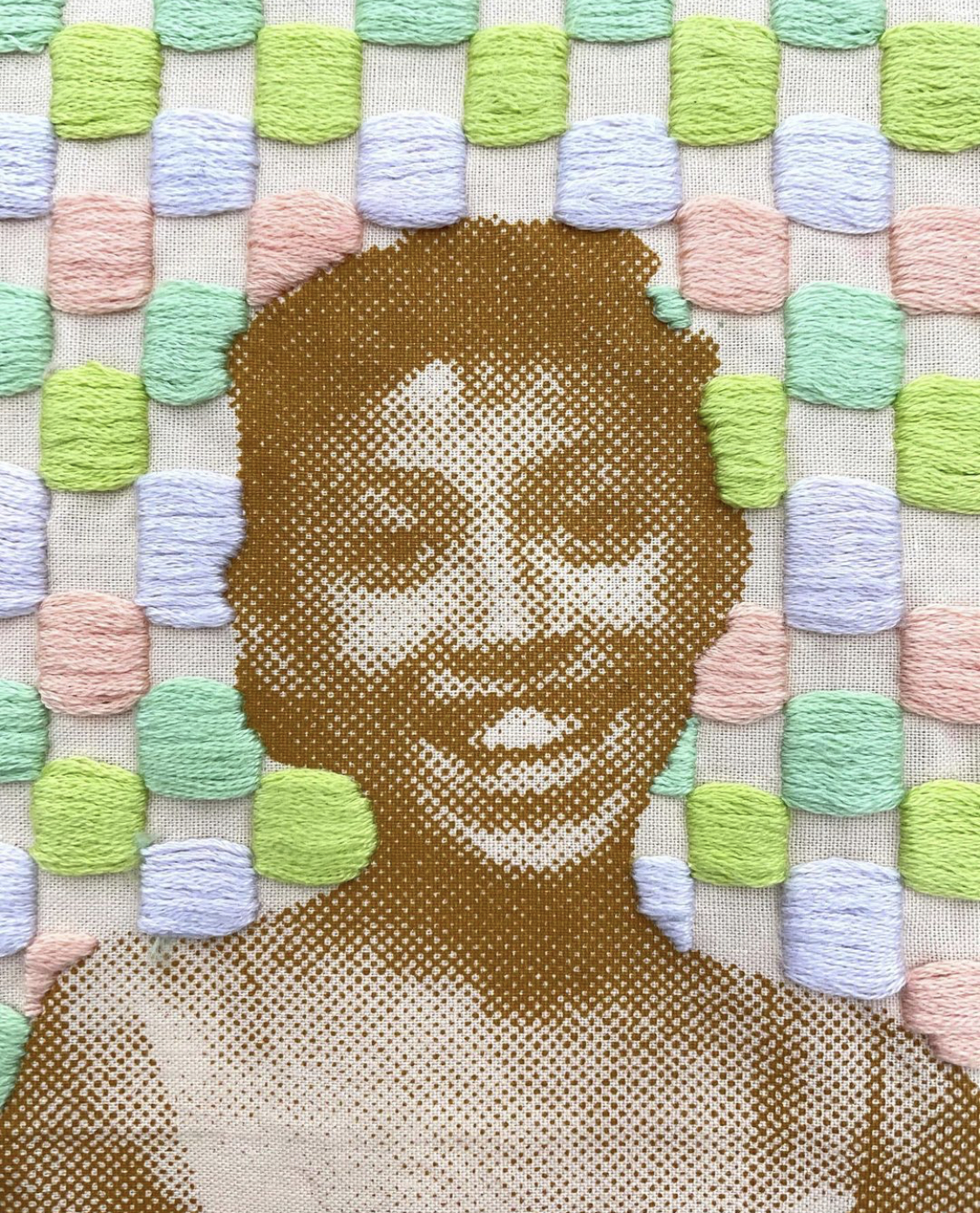 Image of Stephanie Santana's artwork screen-printed on an embroidered background.