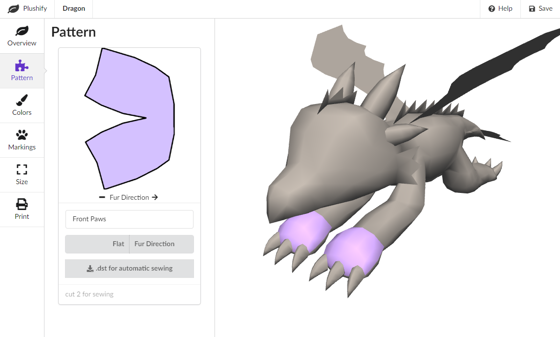 Plushify interface. On the left side is a flat purple pattern piece. On the right side is a 3D image of a gray dragon that will be made with the pattern.