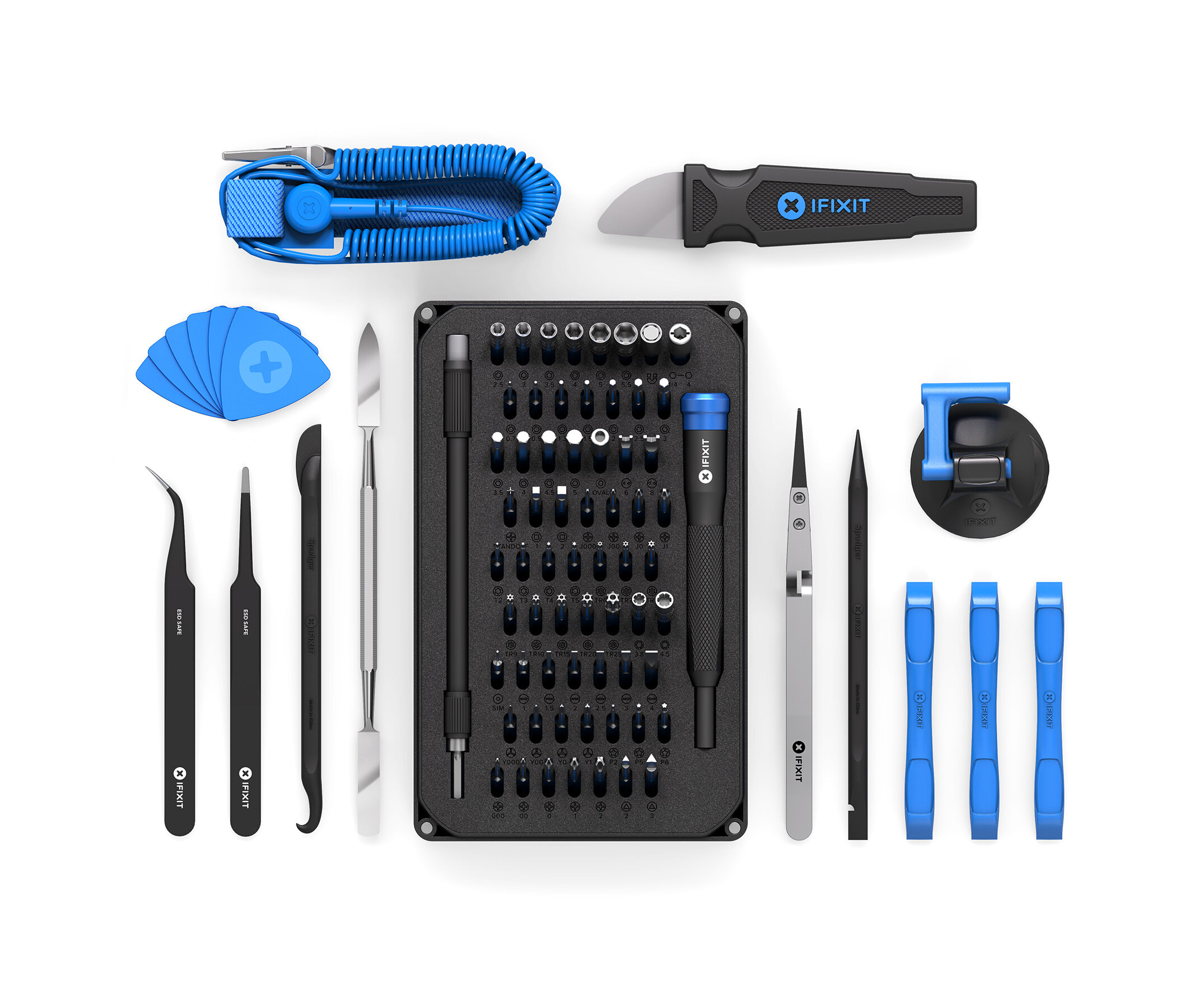hand tools vertically aligned, mostly black and blue screwdrivers and tools to fix electronics