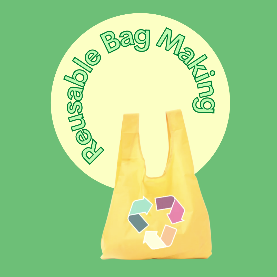 yellow bag with recycling logo on a green background