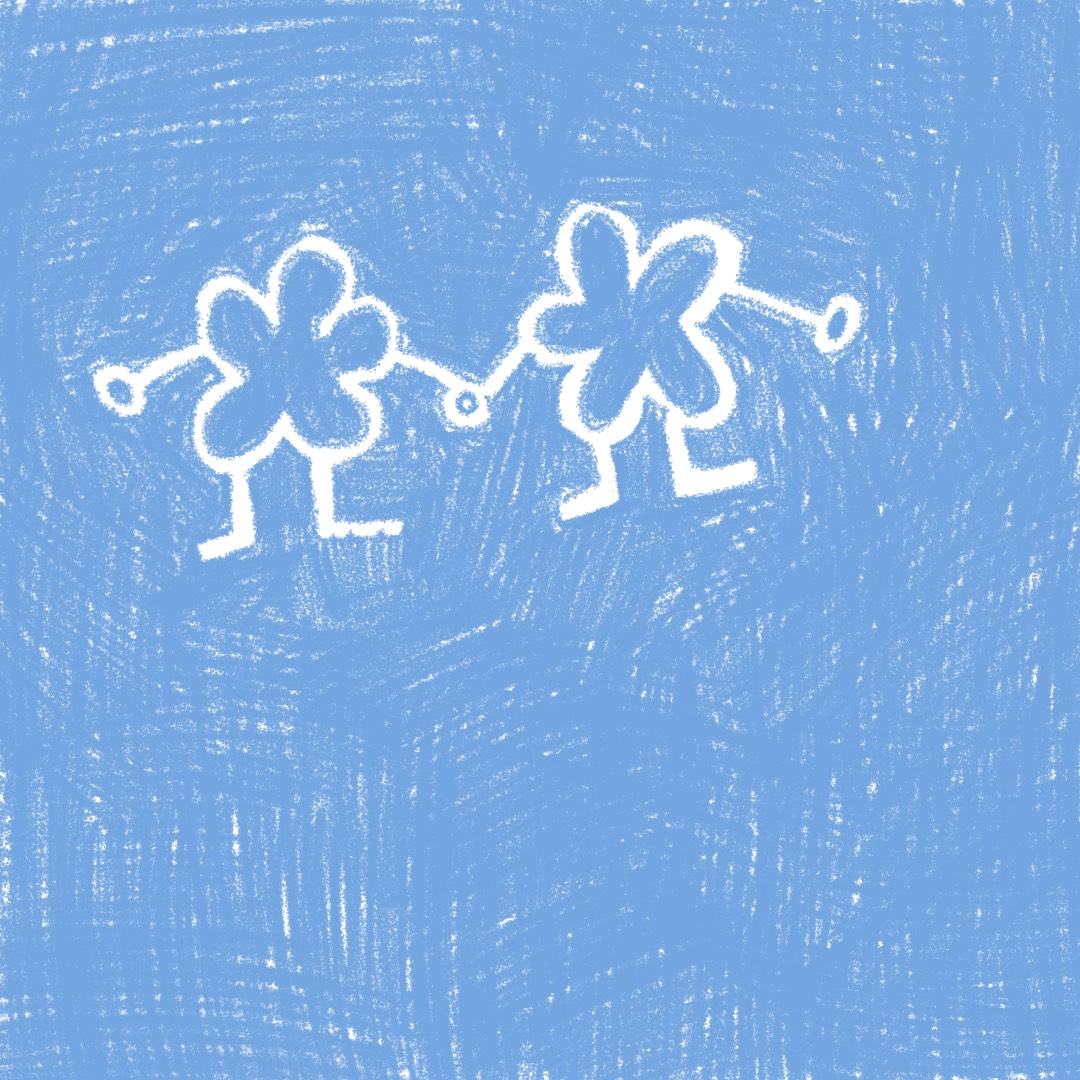 Two flowers holding hands with a drawn light blue background