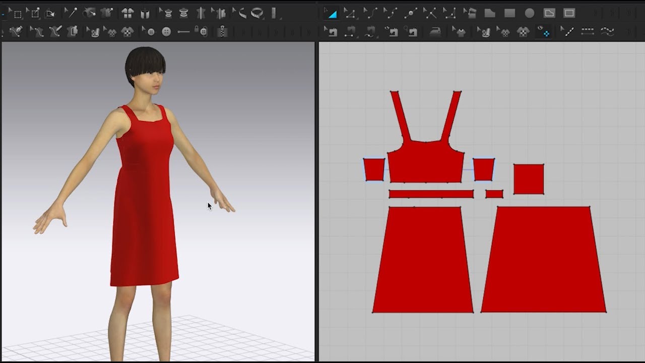 Image of a 3D avatar on the left and a garment pattern on the right.