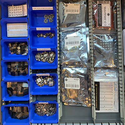 image of wearable electronics boards in drawer