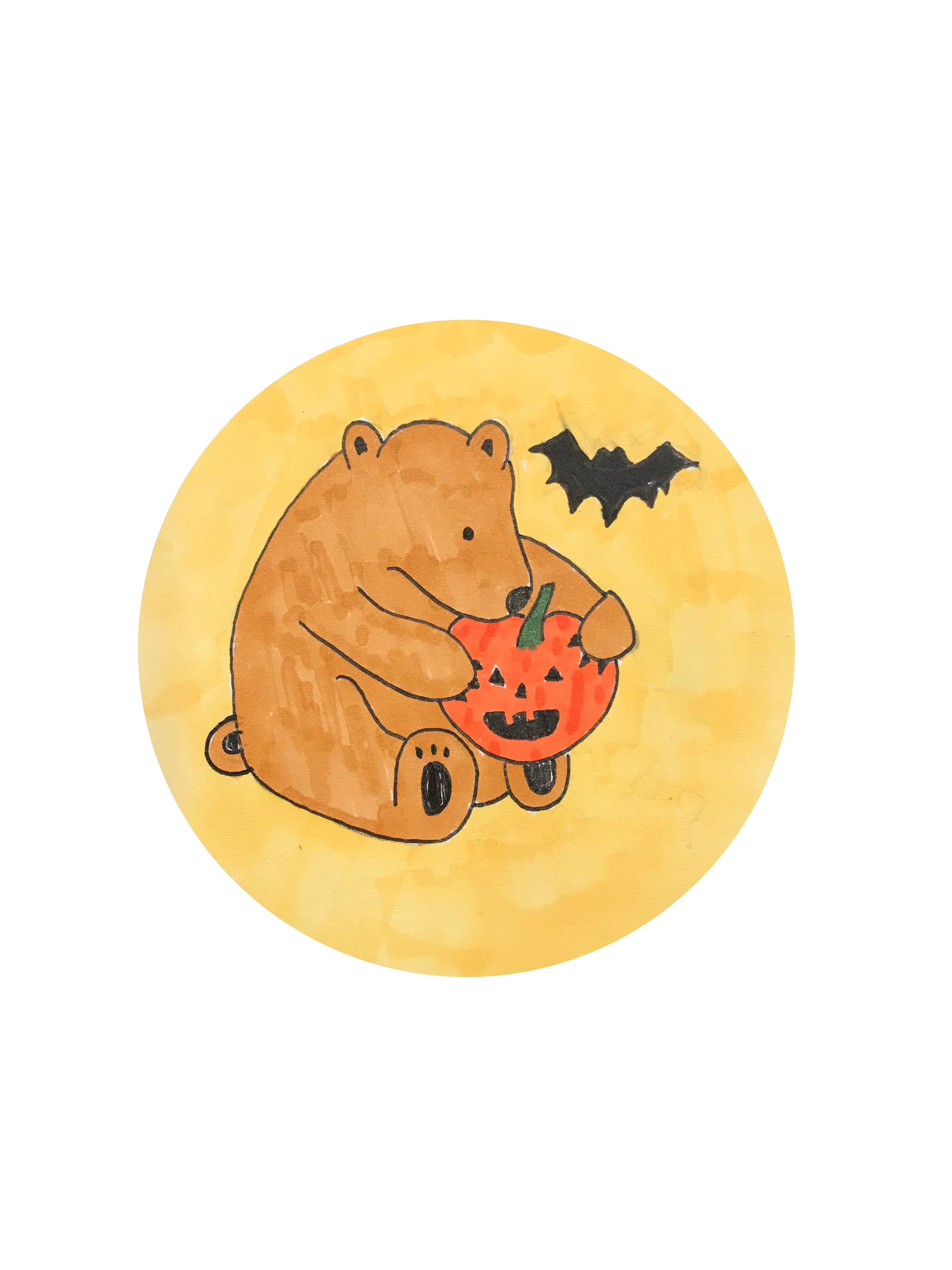 Drawing of millie the bear with a pumpkin